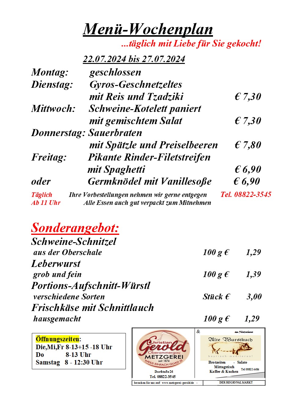Unser aktueller Men&uuml;-Wochenplan Metzgerei Christian Gerold